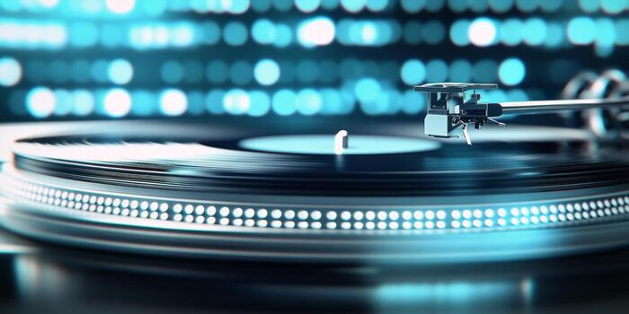 Captivating vinyl record spinning on a turntable with blue bokeh lights in the background photo