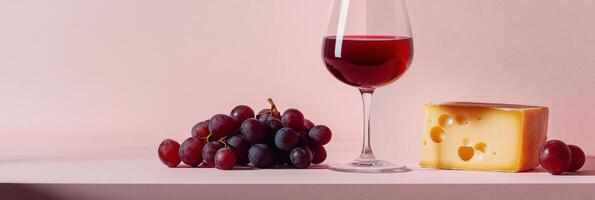 A glass of red wine beside a block of cheese and fresh grapes on a soft pink background photo