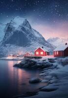 Picturesque winter landscape with red cabins by the lake under a starry night sky in Norway photo