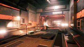 Industrial corridor with illuminated pathways and weathered surfaces video
