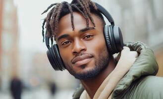 Young man wearing headphones enjoys music outdoors on a cloudy day in an urban environment photo