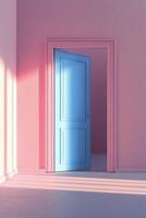 Bright blue door opening to a pastel pink room with soft shadows on the floor photo