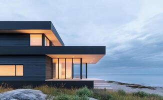 Modern coastal home with expansive glass windows by the serene ocean at twilight photo