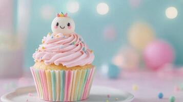 Colorful cupcake with pink frosting and decorative figure on a pastel background photo