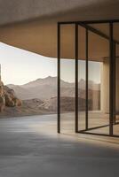 Modern architecture blends with nature in a serene desert setting during golden hour light photo