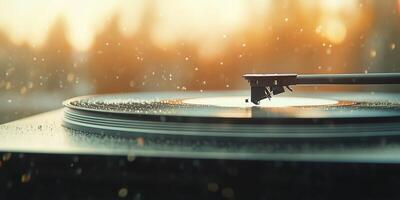 Captivating vinyl record spinning on a turntable with blue bokeh lights in the background photo