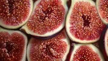 Freshly sliced ripe figs showcasing vibrant colors and unique textures on a wooden surface photo