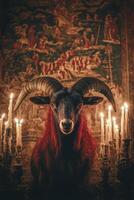 Majestic ram with red fur stands before flickering candles in a dimly lit ornate setting photo