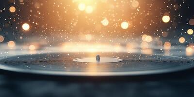 Captivating vinyl record spinning on a turntable with blue bokeh lights in the background photo