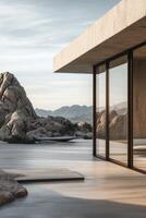 Modern architecture blends with nature in a serene desert setting during golden hour light photo