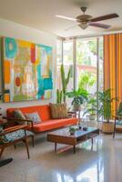 Bright and modern living room with colorful curtains and contemporary art in a sunny setting photo