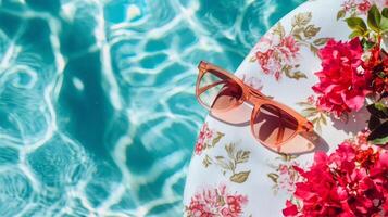 Summer afternoon by the pool with floral towel, sunglasses, and vibrant bougainvillea flowers photo