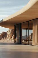 Modern architecture blends with nature in a serene desert setting during golden hour light photo