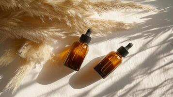 Natural essential oil bottles on soft fabric with golden light and dried plants around them photo