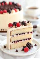 Delicious layered cake with mixed berries served on a plate during a delightful afternoon gathering photo