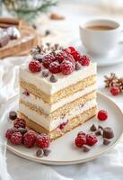Delicious layered cake with mixed berries served on a plate during a delightful afternoon gathering photo