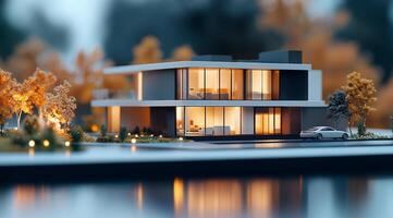 Modern architectural model of a contemporary house with large windows in an outdoor setting photo