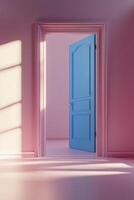 Bright blue door opening to a pastel pink room with soft shadows on the floor photo
