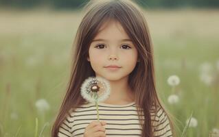 A young girl smiles while holding a dandelion in a sunlit meadow during springtime photo