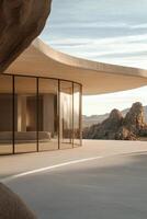 Modern architecture blends with nature in a serene desert setting during golden hour light photo