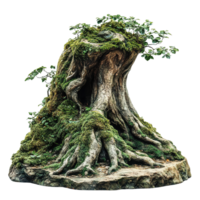 Ancient Woodland Tree Base with Textured Bark and Green Moss png