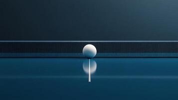 A ping pong ball rests on the edge of a blue table during an intense game at nighttime photo