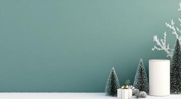 Winter holiday decoration with evergreen trees and gifts in a serene indoor setting photo