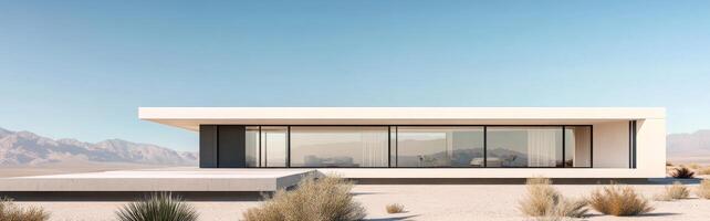 Modern minimalist house in the desert landscape with mountain backdrop during clear daytime photo