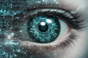 Close up of a human eye with a digital interface overlay showcasing technology and innovation photo