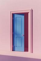 Bright blue door opening to a pastel pink room with soft shadows on the floor photo