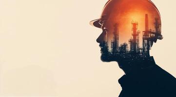 Worker in hard hat silhouette against industrial plant at sunset with orange light reflections photo