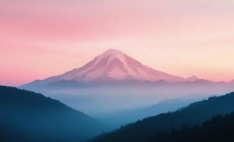 Misty mountain landscape at dawn with trees and soft pink sky in the morning light photo
