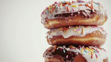 Colorful donuts stacked high with sprinkles, frosting, and chocolate on a light background photo