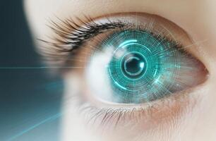 Close up of a human eye with a digital interface overlay showcasing technology and innovation photo