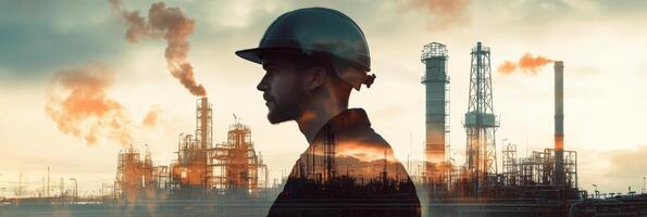 Silhouette of a worker with a helmet against an industrial landscape at sunset photo