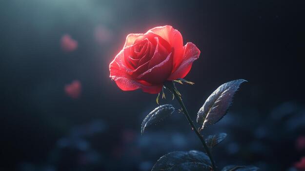 Close up of a vibrant red rose with droplets on petals against a dark background photo