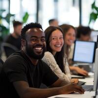Happy professionals working together in a modern office environment during the day photo