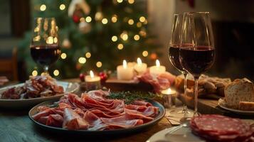 Festive holiday dinner with charcuterie, red wine, and a Christmas tree in the background photo
