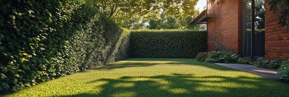 A serene garden with lush green grass and well trimmed hedges in the afternoon sunlight photo
