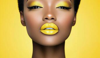 Close up of a models lips showcasing bright yellow lipstick against a blue background photo