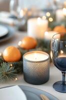 A festive table with candles, holiday decor, and a charming nutcracker on display photo