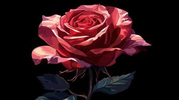 Close up of a vibrant red rose with droplets on petals against a dark background photo