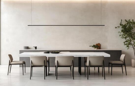 Modern dining room with minimalist decor and elegant lighting in a spacious setting photo