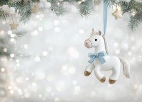 Delightful white unicorn ornament hanging on a Christmas tree with soft glowing lights photo
