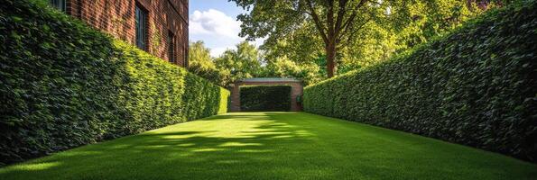 A serene garden with lush green grass and well trimmed hedges in the afternoon sunlight photo