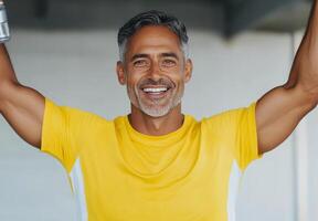 Happy older man in bright yellow shirt holding two water bottles in a fitness setting indoors photo
