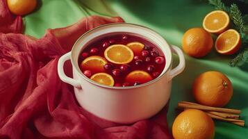 Warm holiday drink with oranges and cranberries in a pot on a colorful tablecloth photo