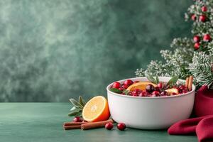 A cozy winter pot of spiced fruit with cranberries, oranges, and cinnamon sticks on a table photo