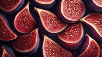 Freshly sliced ripe figs showcasing vibrant colors and unique textures on a wooden surface photo