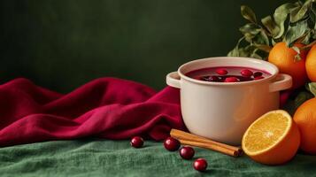 Warm holiday drink with oranges and cranberries in a pot on a colorful tablecloth photo